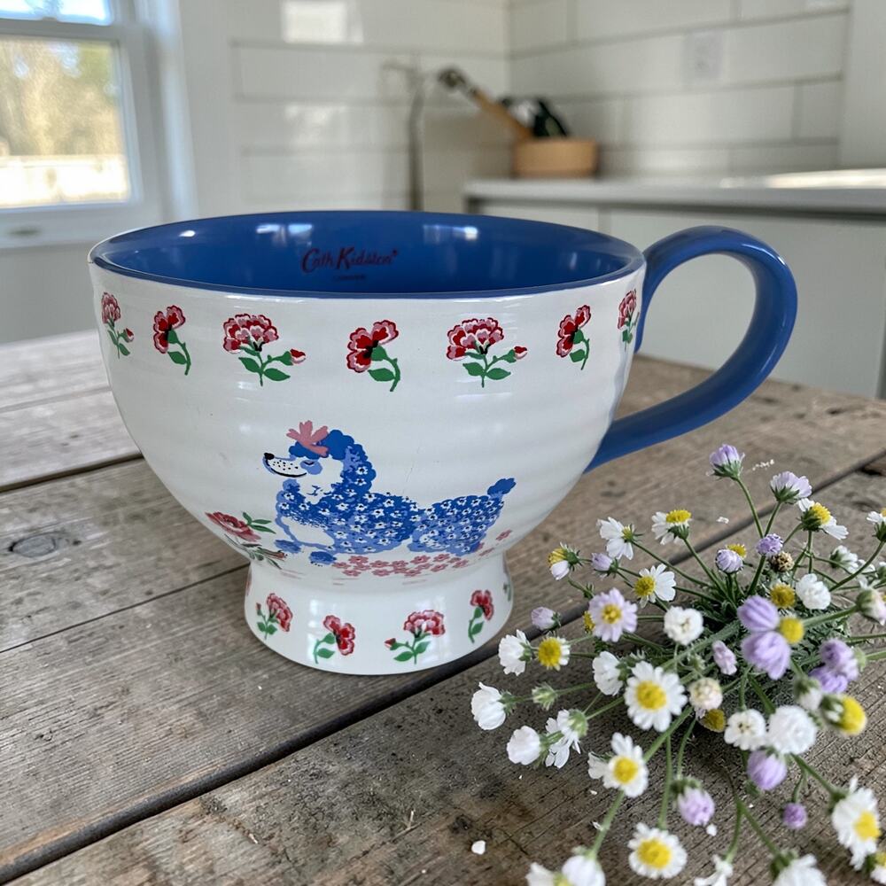 NEW Cath Kidston London Cottage Core Blue Poodle & Pink Flowers Coffee Tea Mug
